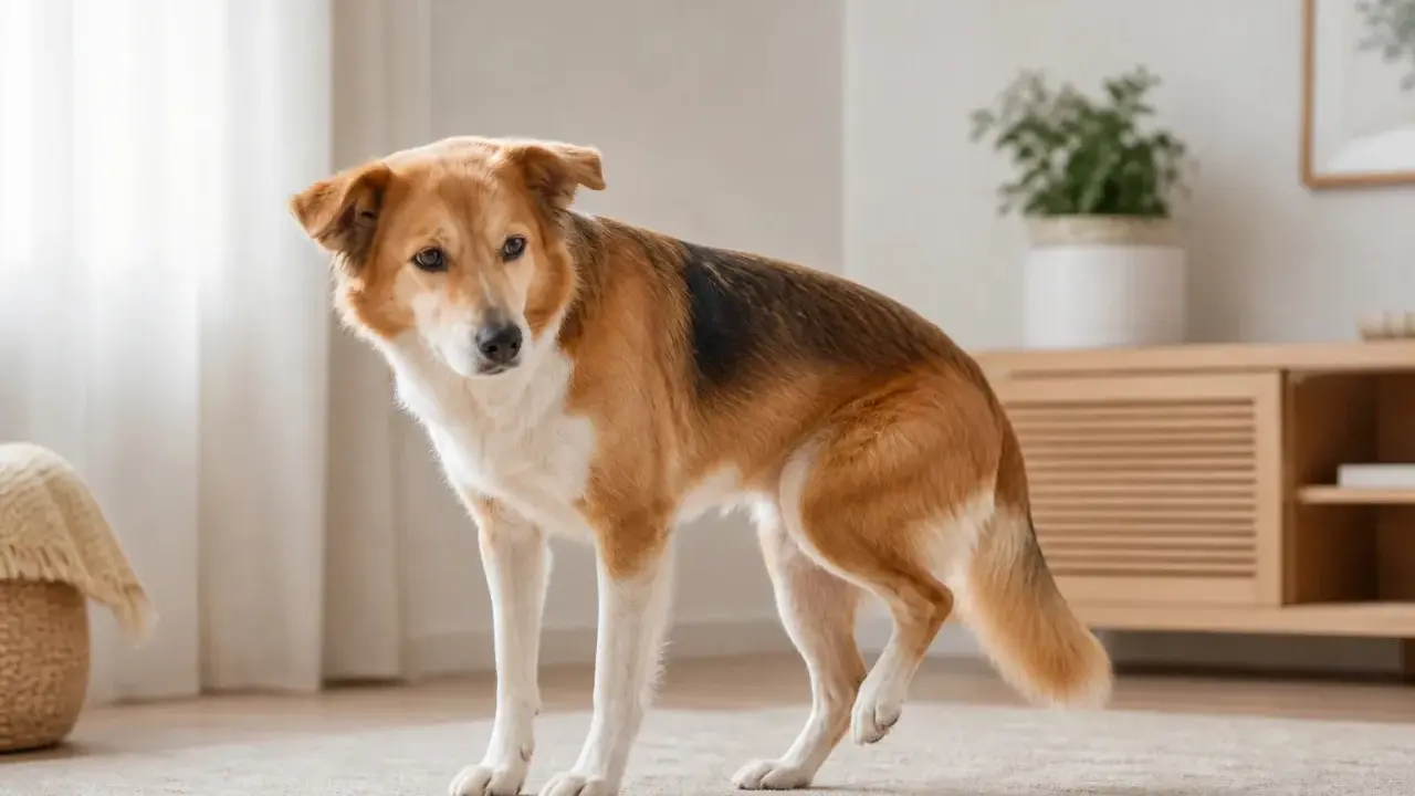 En gammal hund med en vinglig bakdel står på en matta.