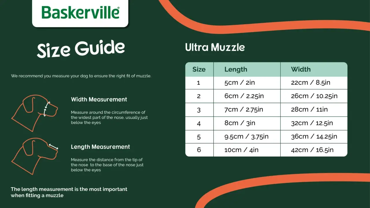 Storleksguide för Baskerville Ultra Muzzle. Visar mått för längd och bredd för att hitta rätt passform.