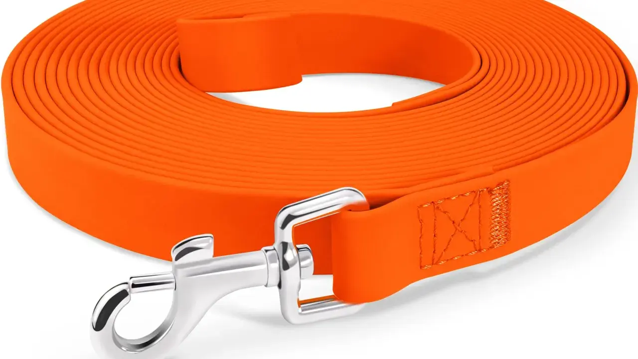 Ett orange hundkoppel på 10 meter, rullat och med en silverfärgad karbinhake. Perfekt för långa promenader med din hund.