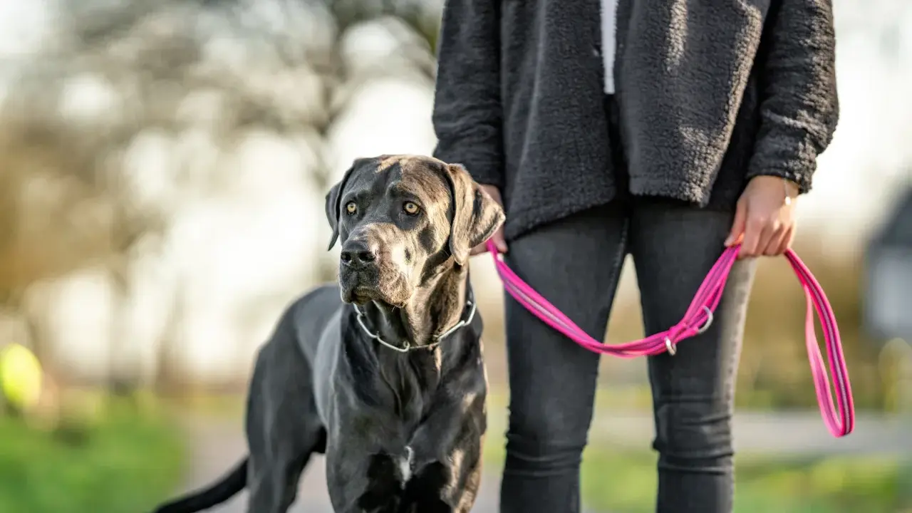 Stor grå hund med ett silverfärgat halsband står bredvid en person som håller ett rosa läderkoppel hund.