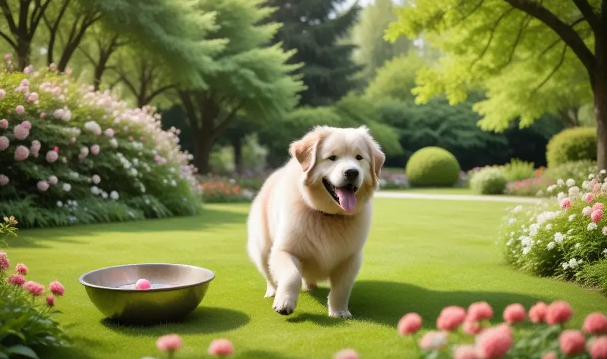 En glad golden retriever springer i en vacker trädgård. Kanske får den snart lite glukosamin pulver för att hålla lederna pigga.