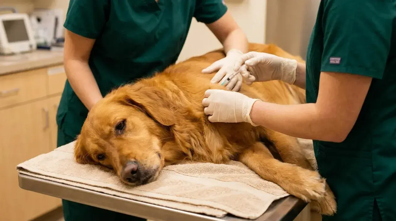 Veterinär ger injektion till golden retriever på undersökningsbordet, möjligen för behandling av neoplasi hos hund.