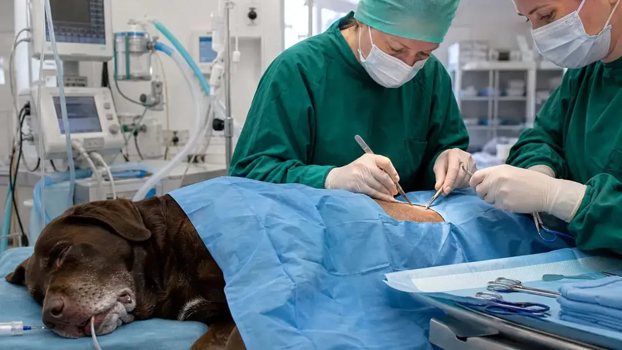 Veterinärer opererar en hund för pyometra. Hunden är sövd och övervakad av medicinsk utrustning.
