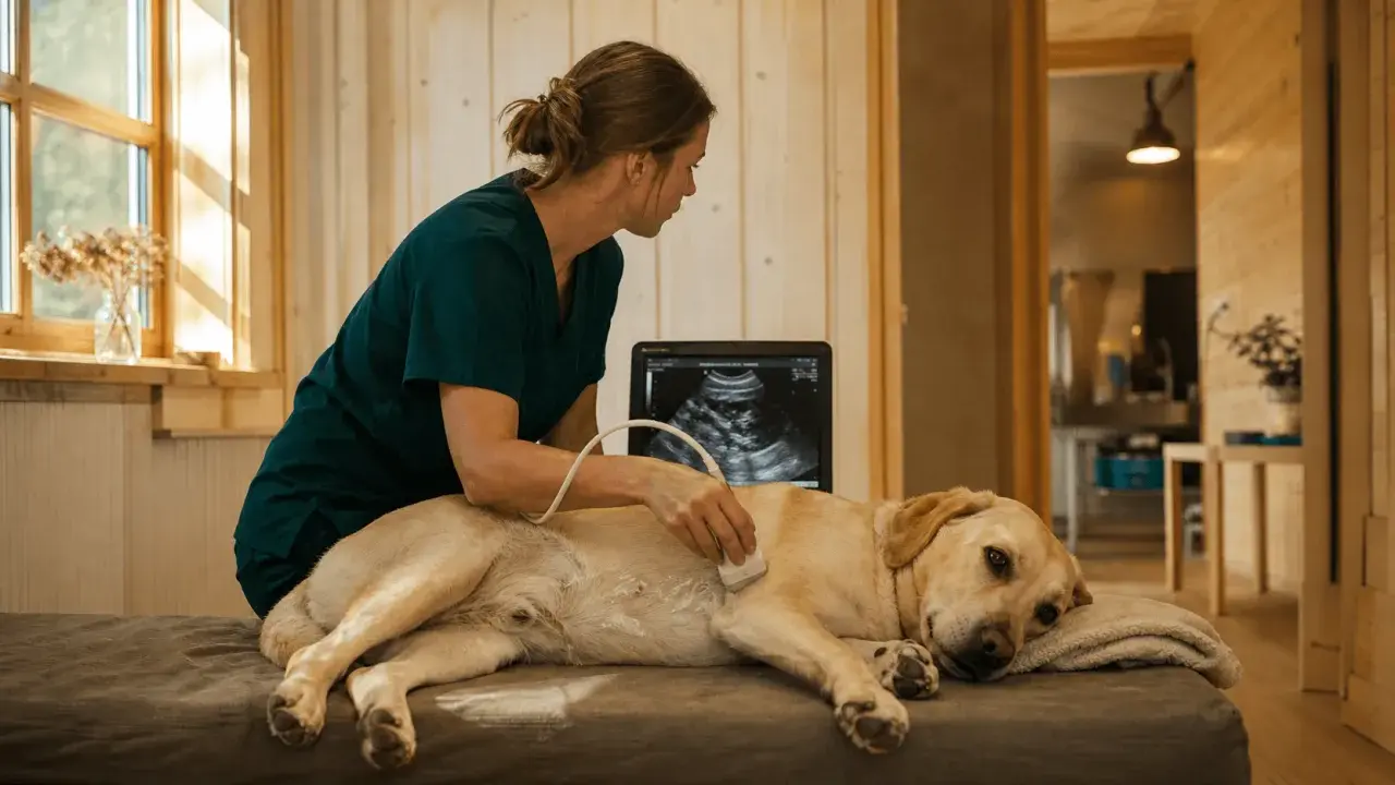Veterinär undersöker hund med ultraljud för att upptäcka tarminflammation hund symptom. Hunden ligger på en brits.