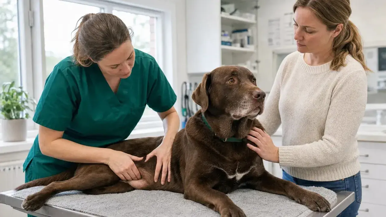 Veterinär undersöker en brun labrador som ligger på ett undersökningsbord. Ägaren håller hunden, orolig för stopp i tarmen hund symptom.