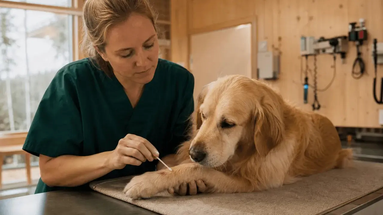 Veterinär undersöker ett insektsbett på en hunds tass.