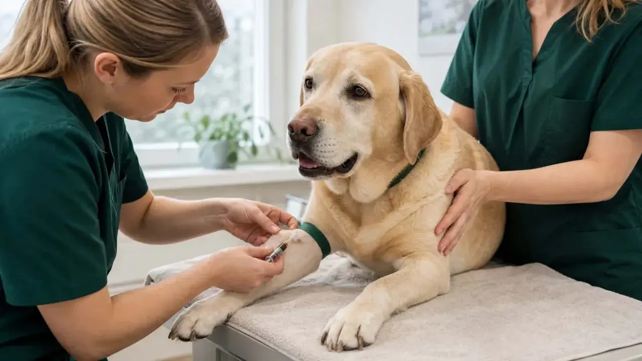 En veterinär tar blodprov på en labrador. Hunden är en blodgivare hund som hjälper andra djur.