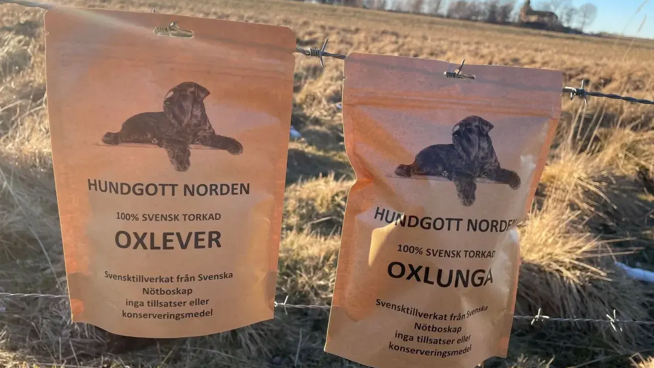 Två påsar med hundgodis, 100% svensk torkad nötlunga och oxlever, hänger på ett taggtrådsstängsel i ett soligt, torrt landskap.