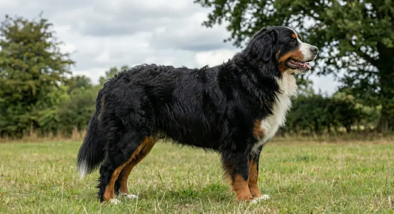 En ståtlig berner sennenhund står i en grönskande äng, med moln på himlen och träd i bakgrunden.