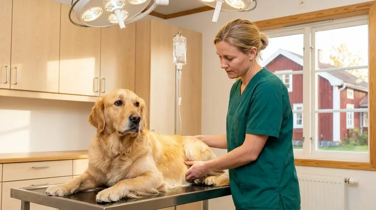 Veterinär undersöker en golden retriever på ett undersökningsbord. En droppställning står bredvid.