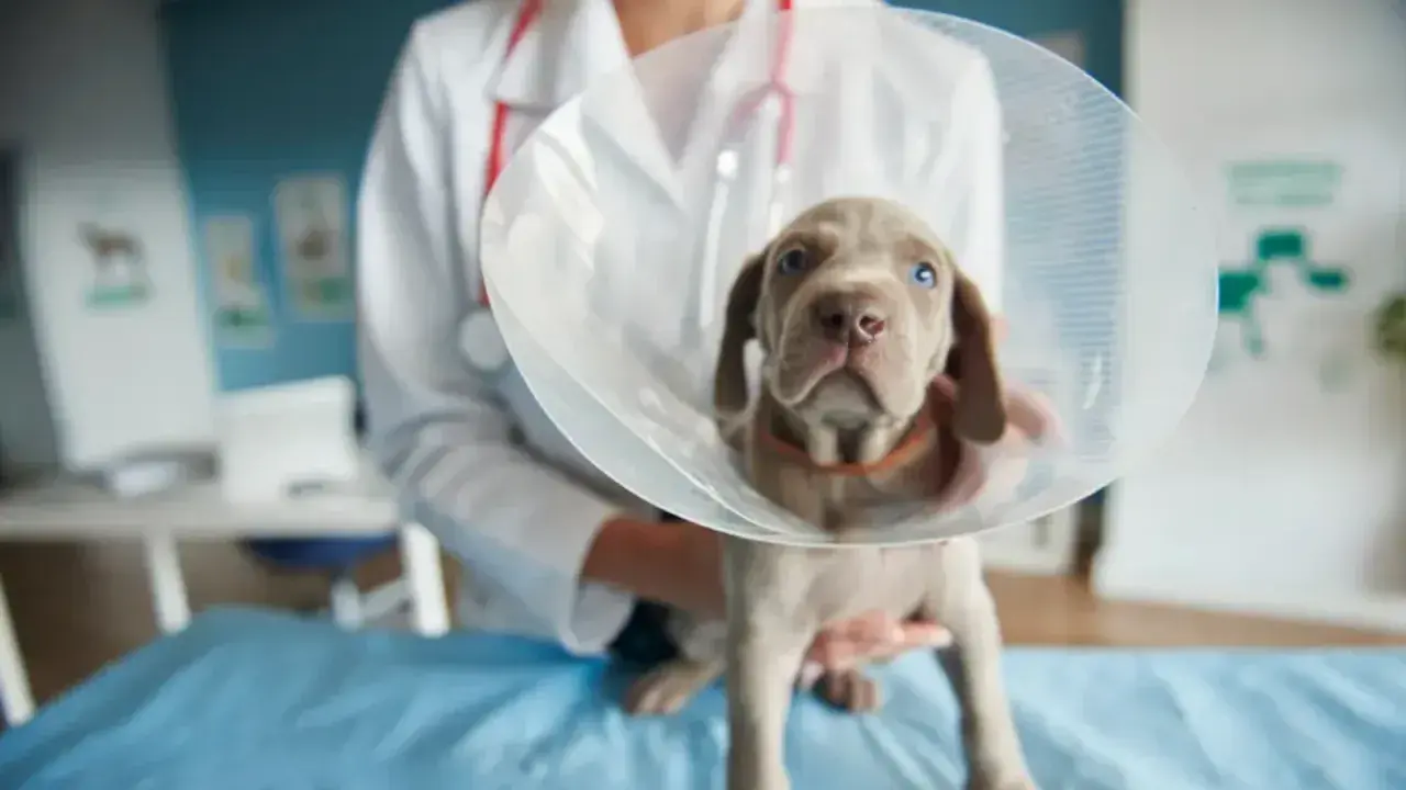 Söt valp med krage hos veterinären, kanske för en operation relaterad till kryptorkid hund.