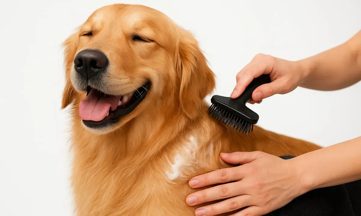 En glad golden retriever njuter av att bli borstad med en gummikarda.