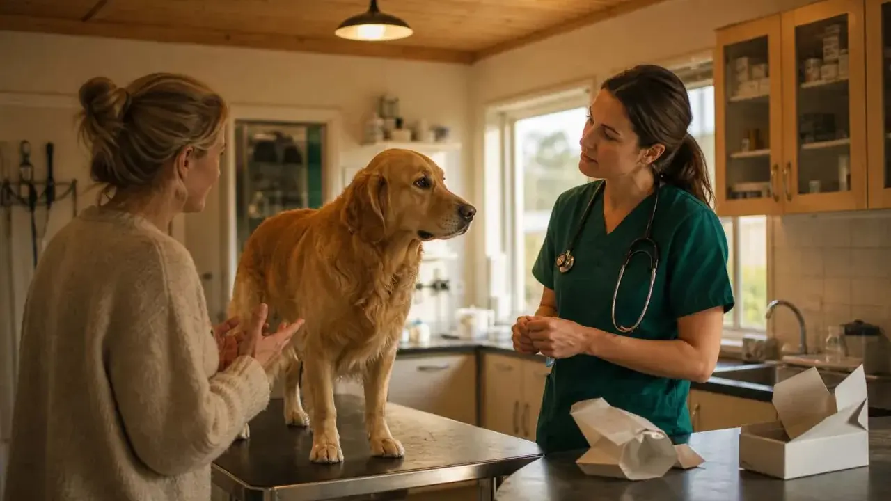 En orolig ägare pratar med veterinären om sin hund som verkar må dåligt.