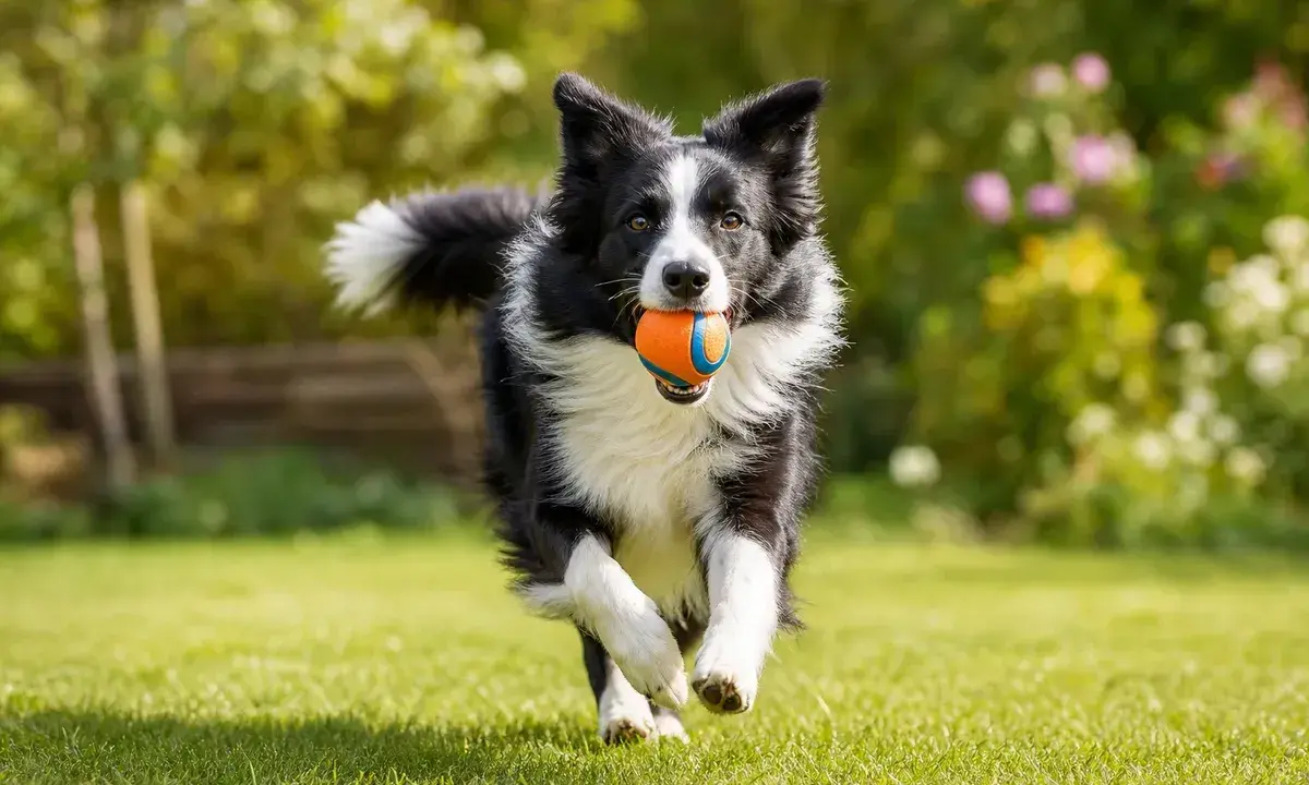 Glad border collie springer fram över gräsmattan med en orange gummiboll i munnen.