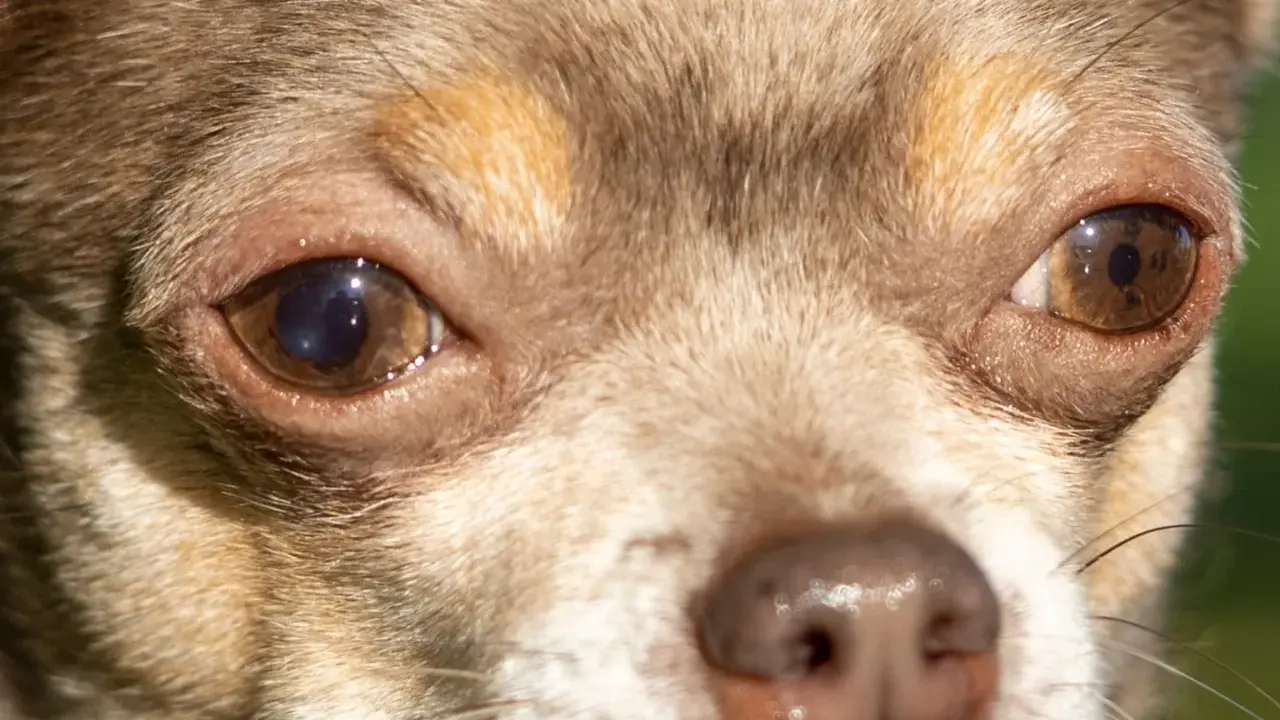 Närbild på kcs hunds ögon och nos. Den vänstra ögat har en gråaktig grumling.