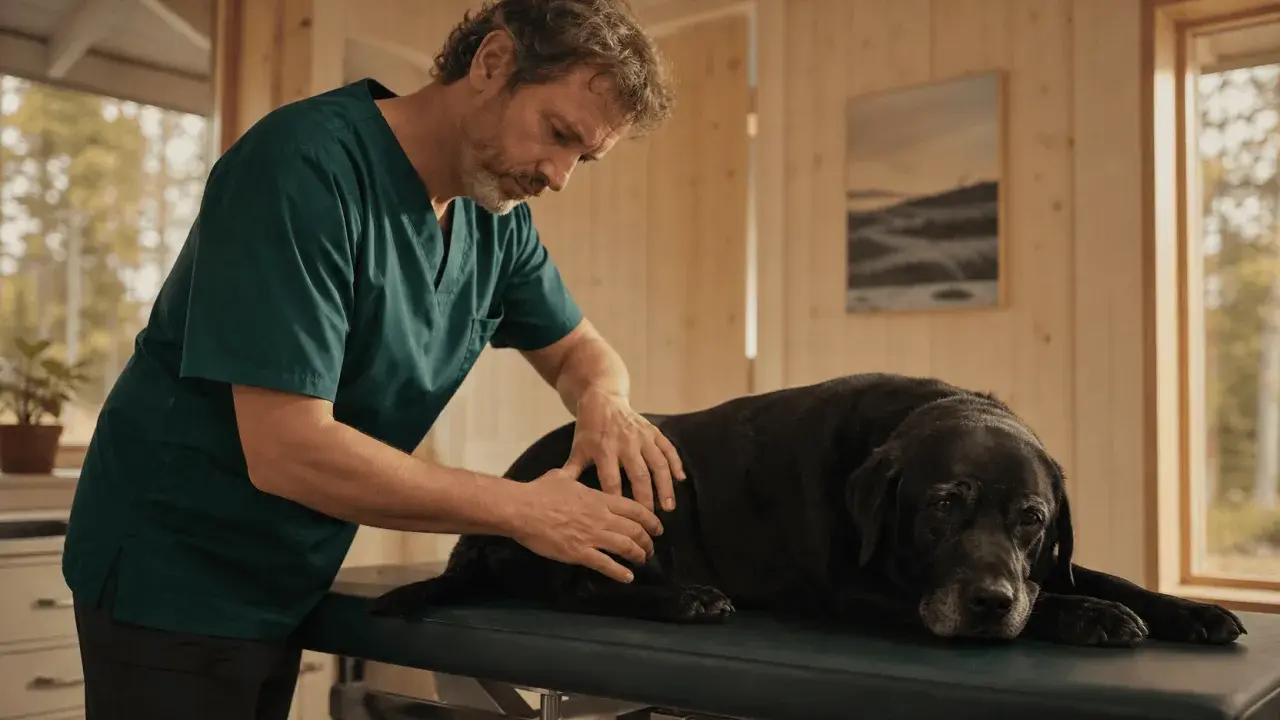 Veterinär undersöker en svart labrador. Hunden verkar lite hängig, kanske behöver den alvedon till hund för att må bättre.