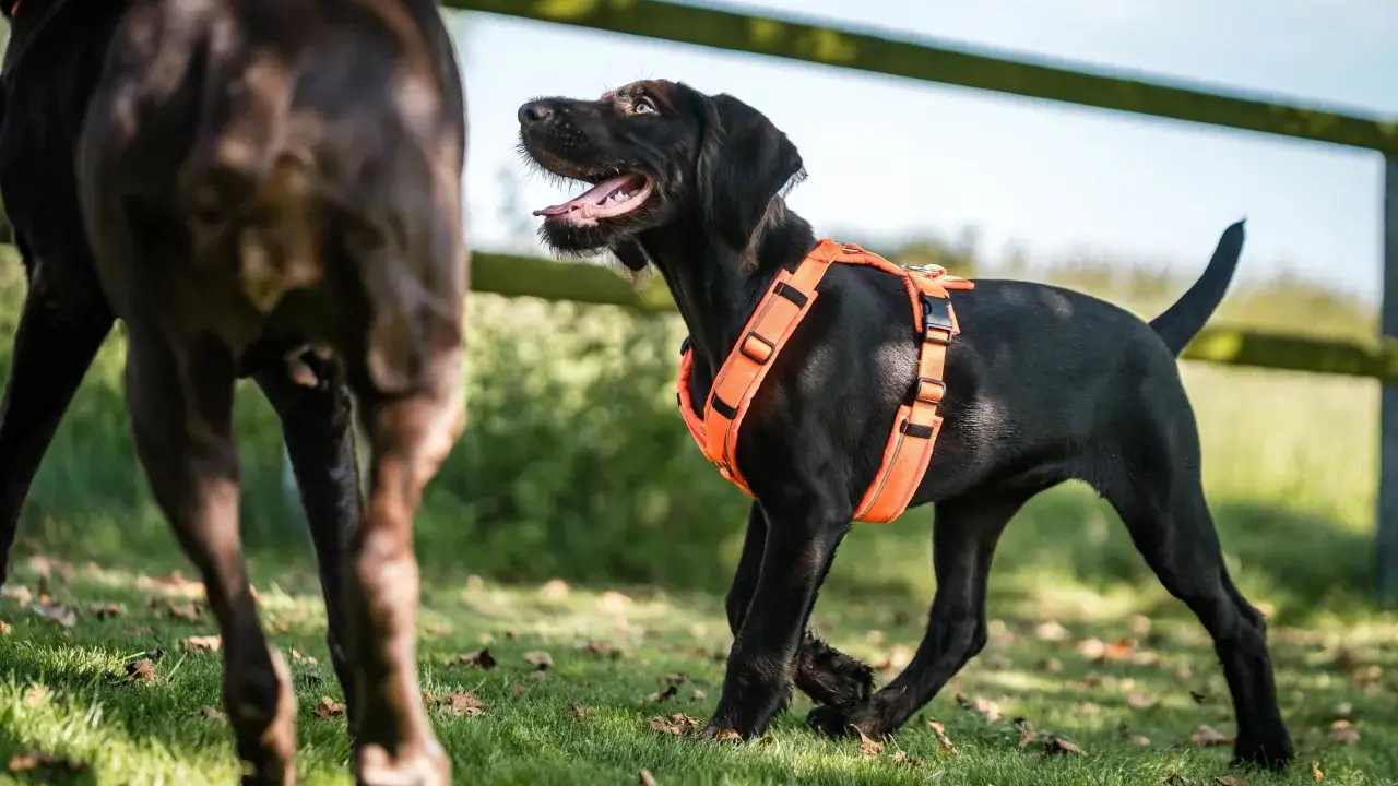 En glad svart valp med en mjuk sele hund leker på en grön gräsmatta.