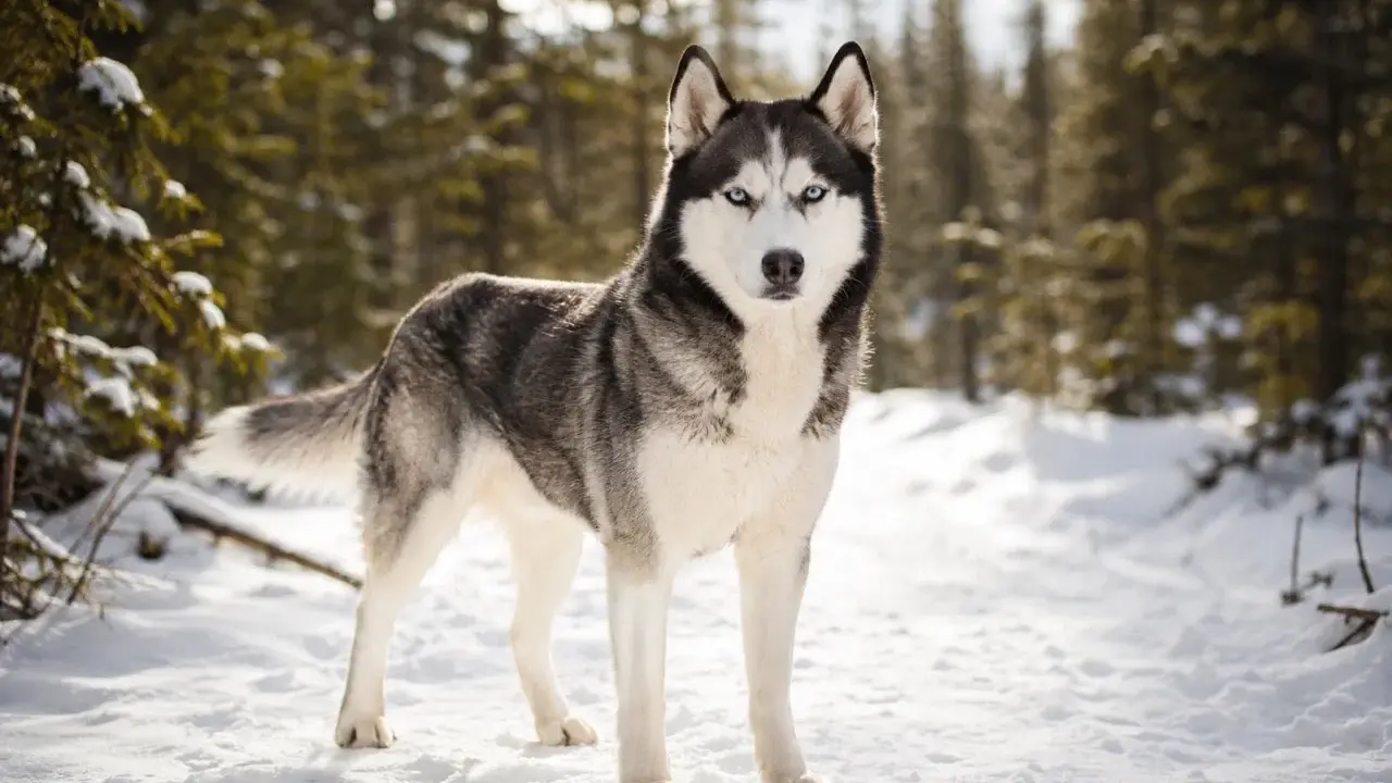 En ståtlig siberian husky med isblå ögon står i en snöig skog.
