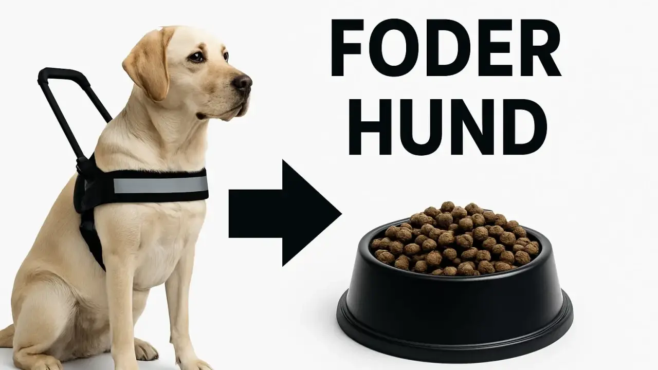 En gul labrador med sele, som pekar mot en skål med hundfoder. Sundhundmat för en glad hund.
