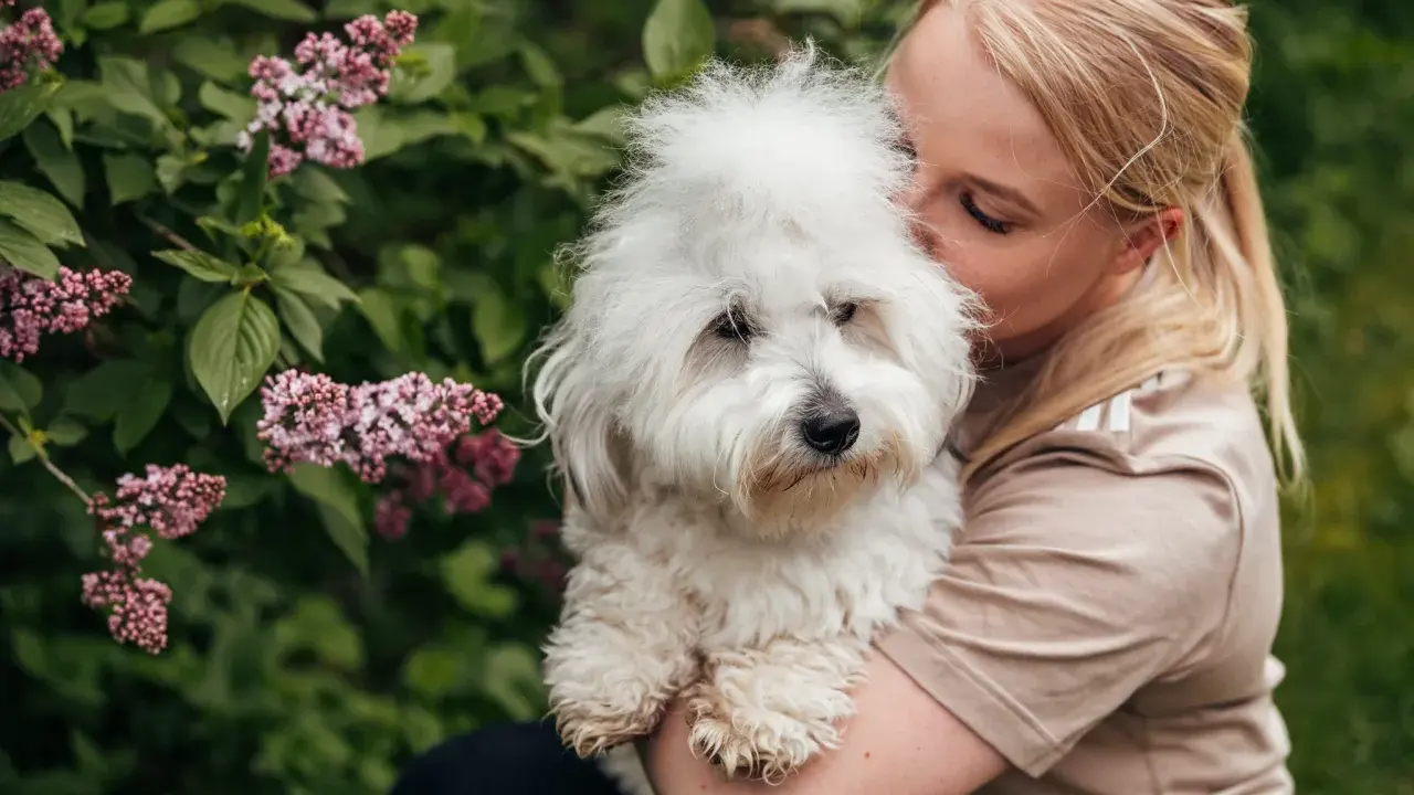 En kvinna kramar sin fluffiga hund. Hundens vita päls är mjuk och fin, och man kan ana den friska huden under.