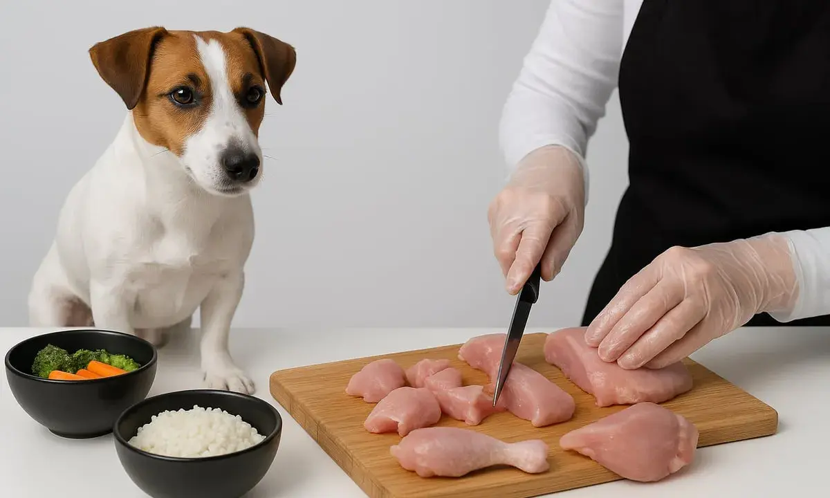 En person förbereder kyckling för att koka kyckling till hund. Bredvid står en söt Jack Russell Terrier och tittar på.