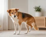 En gammal hund med en vinglig bakdel står på en matta.