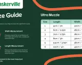 Storleksguide för Baskerville Ultra Muzzle. Visar mått för längd och bredd för att hitta rätt passform.