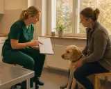 Veterinär diskuterar en plan för snabb viktnedgång hund med ägaren. Hunden ser lugn ut.