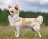 En långhårig chihuahua med ljus päls står i gräs. Dess chihuahua psyke lyser igenom i dess alerta blick.