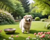 En glad golden retriever springer i en vacker trädgård. Kanske får den snart lite glukosamin pulver för att hålla lederna pigga.