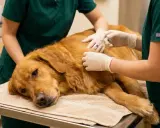 Veterinär ger injektion till golden retriever på undersökningsbordet, möjligen för behandling av neoplasi hos hund.