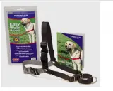 En hundsele och koppel från EzyDog. En gul labrador på förpackningen visar hur selen fungerar.