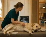 Veterinär undersöker hund med ultraljud för att upptäcka tarminflammation hund symptom. Hunden ligger på en brits.