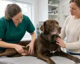 Veterinär undersöker en brun labrador som ligger på ett undersökningsbord. Ägaren håller hunden, orolig för stopp i tarmen hund symptom.
