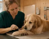 Veterinär undersöker ett insektsbett på en hunds tass.