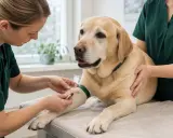 En veterinär tar blodprov på en labrador. Hunden är en blodgivare hund som hjälper andra djur.