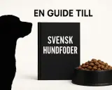 En guide till svensk hundfoder. En svart hundsilhuett tittar på en bok med titeln "Svensk Hundfoder" och en skål med hundmat.