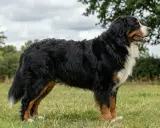 En ståtlig berner sennenhund står i en grönskande äng, med moln på himlen och träd i bakgrunden.
