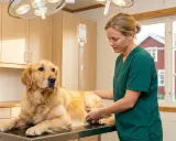 Veterinär undersöker en golden retriever på ett undersökningsbord. En droppställning står bredvid.