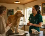 En orolig ägare pratar med veterinären om sin hund som verkar må dåligt.