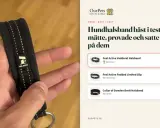 En hand håller ett vadderat dressyrhalsband med stopp för hund, märkt "Feel Active". Test av hundhalsband.
