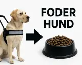 En gul labrador med sele, som pekar mot en skål med hundfoder. Sundhundmat för en glad hund.
