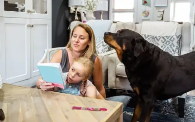 En rottweiler med ett lugnt rottweiler temperament lyssnar uppmärksamt när en mamma läser för sin dotter.