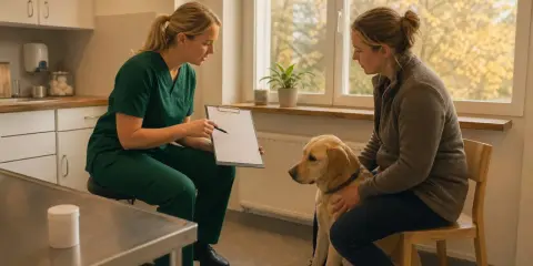 Veterinär diskuterar en plan för snabb viktnedgång hund med ägaren. Hunden ser lugn ut.