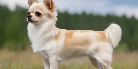 En långhårig chihuahua med ljus päls står i gräs. Dess chihuahua psyke lyser igenom i dess alerta blick.
