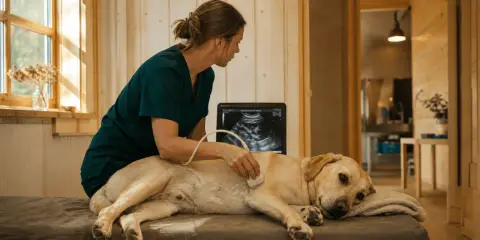 Veterinär undersöker hund med ultraljud för att upptäcka tarminflammation hund symptom. Hunden ligger på en brits.