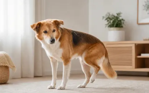 En gammal hund med en vinglig bakdel står på en matta.