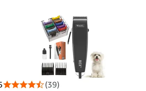 Hundtrimmer Moser Rex med tillbehör och en söt liten hund.