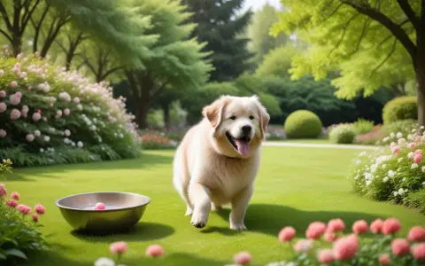 En glad golden retriever springer i en vacker trädgård. Kanske får den snart lite glukosamin pulver för att hålla lederna pigga.