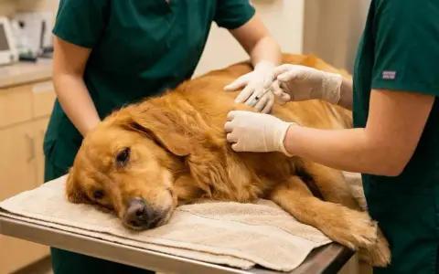 Veterinär ger injektion till golden retriever på undersökningsbordet, möjligen för behandling av neoplasi hos hund.